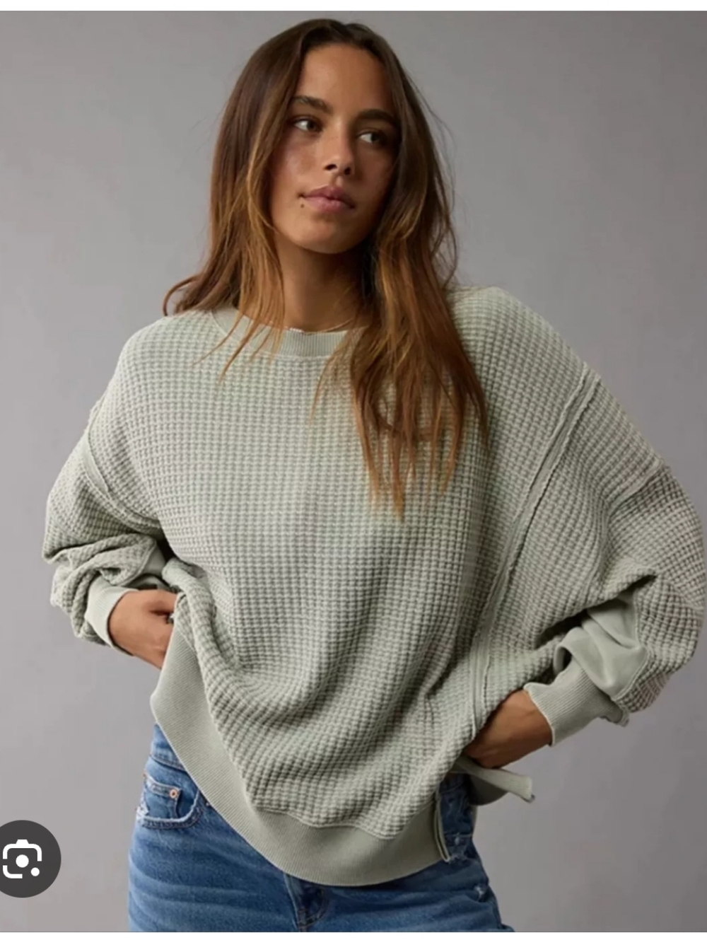 American Eagle Outfitters Light Sage Waffle-Knit Crewneck Sweater